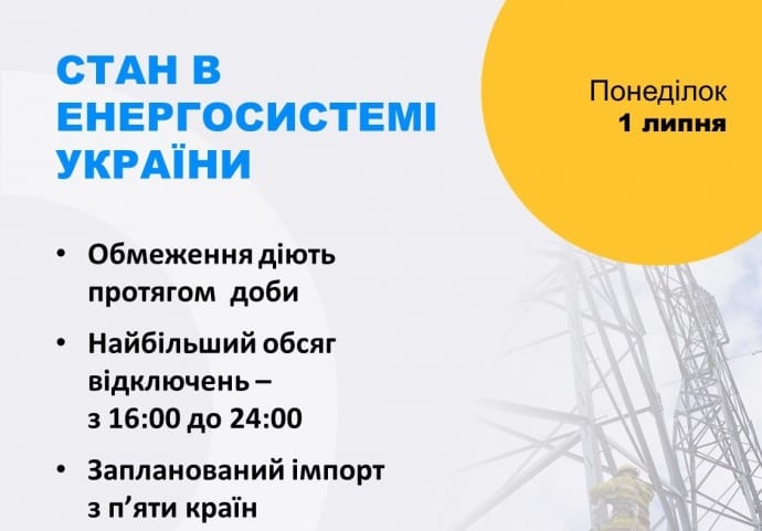 У понеділок найбільші обсяги відключень будуть із 16:00 до 24:00
