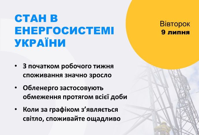 9 липня з посиленням спеки в Україні збільшать обсяги відключень світла 9 липня з посиленням спеки в Україні збільшать обсяги відключень світла
