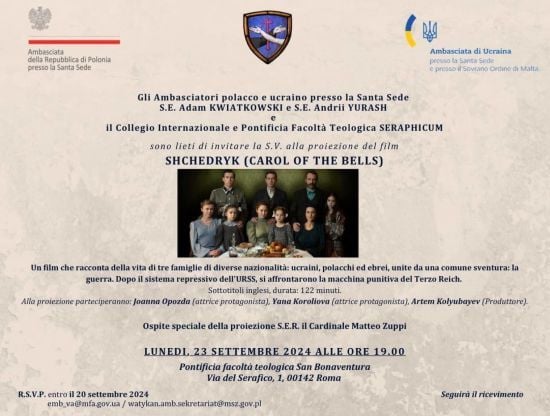 У Римі покажуть український фільм «Щедрик» за участі творчої групи на чолі з продюсером Артемом Колюбаєвим: презентація відбудеться за підтримки посольств Польщі та України при Святому Престолі