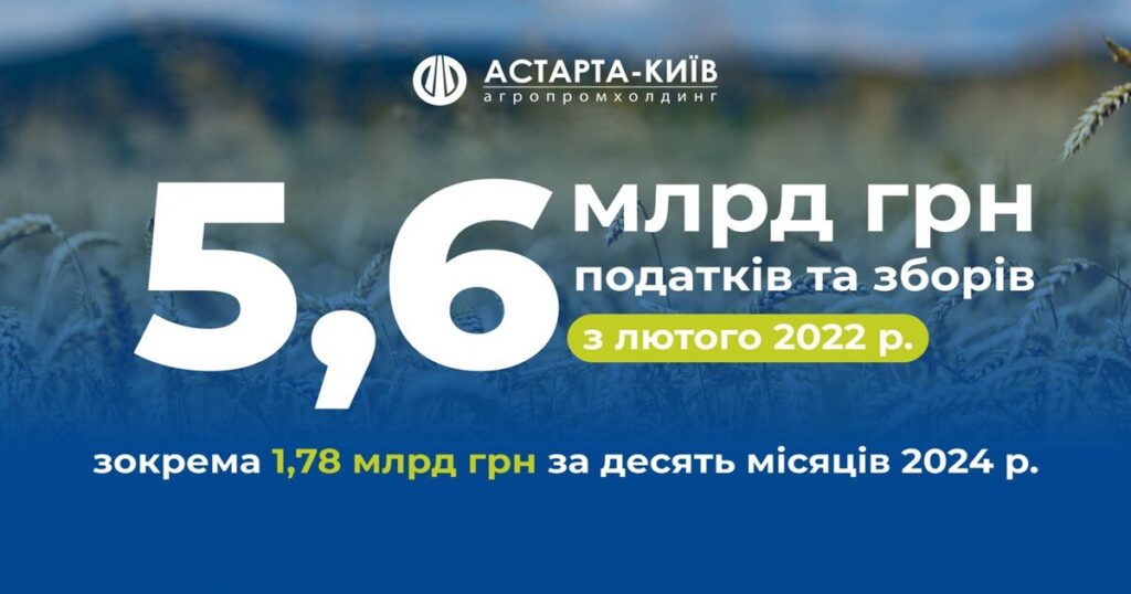 Астарта сплатила 1,78 млрд грн податків за січень-жовтень 2024 Астарта сплатила 1,78 млрд грн податків за січень-жовтень 2024