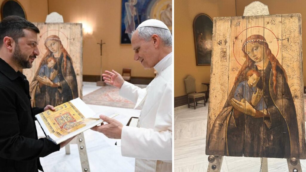 Зеленський подарував Папі Леву XIV ікону, написану на фрагменті ящика з-під озброєнь Зеленський подарував Папі Леву XIV ікону, написану на фрагменті ящика з-під озброєнь