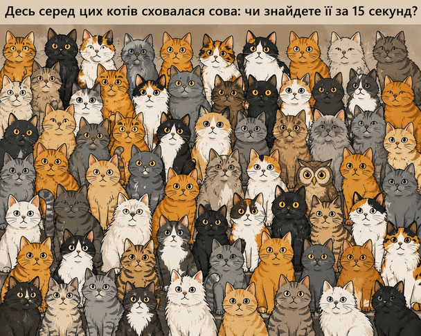 Десь серед цих котів сховалася сова: спробуйте знайти її за 15 секунд